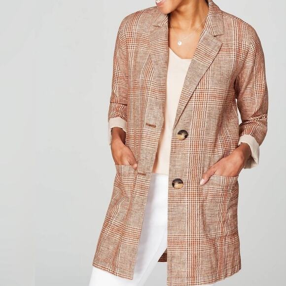 J. Jill Henna Plaid Relaxed Boyfriend Blazer Linen Blend Sz L NWT - Picture 1 of 12
